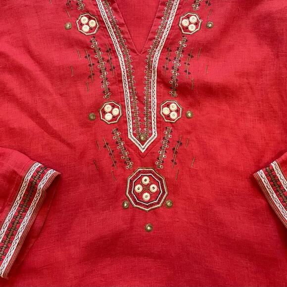 VTG Old Navy Red Linen Long Sleeve Boho Embroidered V-Neck Tunic/Cover-Up Size L - Picture 7 of 14